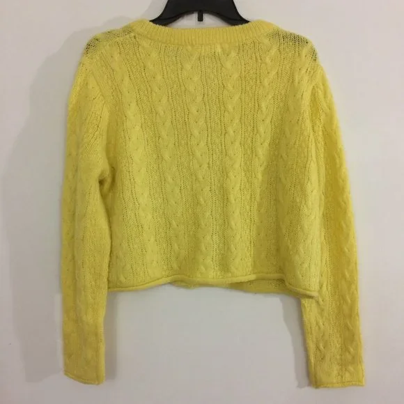 RE_L Womens Cropped Cardigan Sweater Cable Knit Wool Blend Button Up Yellow - Picture 4 of 6